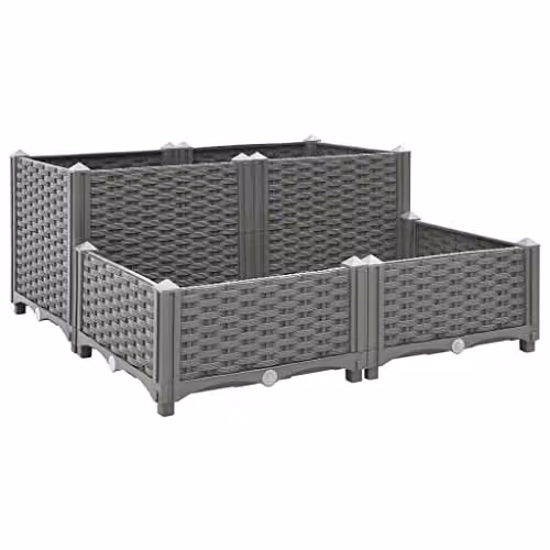 vidaXL Raised Garden Bed in Grey Plastic with Rattan Pattern, W/D/H: 80 x 80 x 38 cm