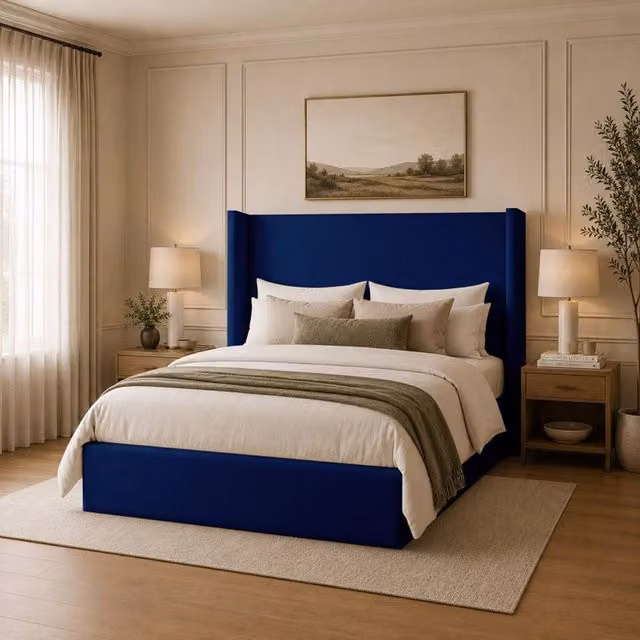 Desire Deco Lynx Wingback Upholstered Velvet Bed Frame in Blue, W/D/H: 140 x 200 cm