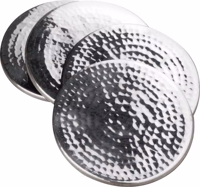 Orsina Set of Four Round Hammered Effect Stainless Steel Coasters in Silver