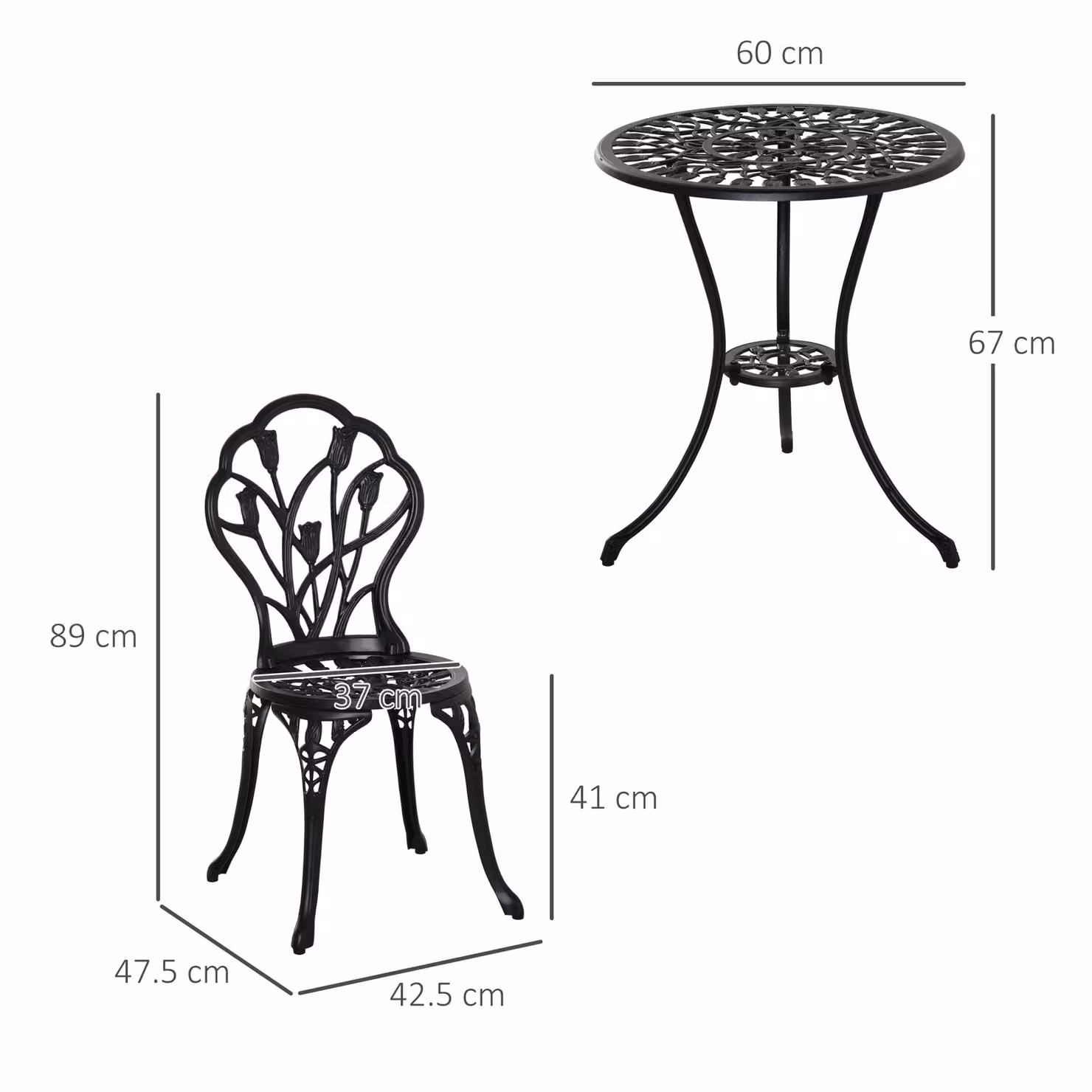 Outsunny Black Powder Coated Aluminium Garden Bistro Set with Round Table and Chairs for Balcony or Terrace – 3