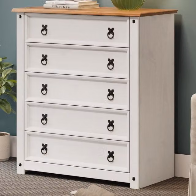 Mercers Furniture Corona Small 5 Drawer Chest of Drawers in Distressed White Waxed Solid Pine