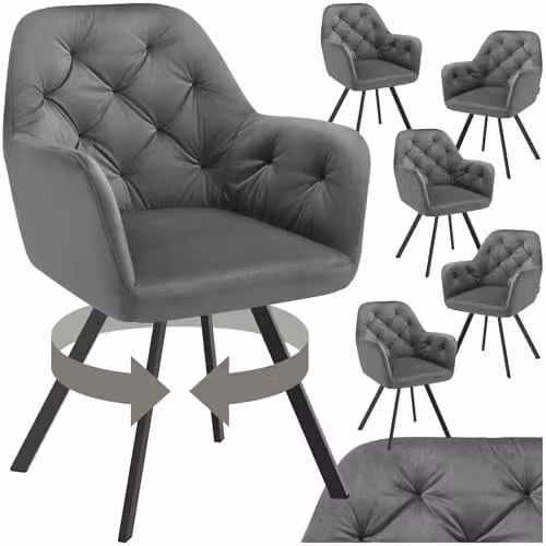 tectake Set of 6 Lucia Armchairs in Anthracite Grey with Geometric Pattern and Metal Legs