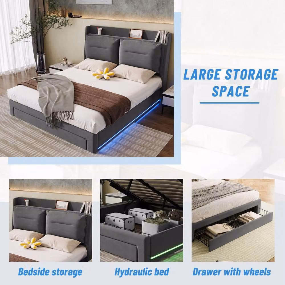 Rolipo Dark Grey Velvet Upholstered Double Bed with Hydraulic Storage and LED Lighting – 5
