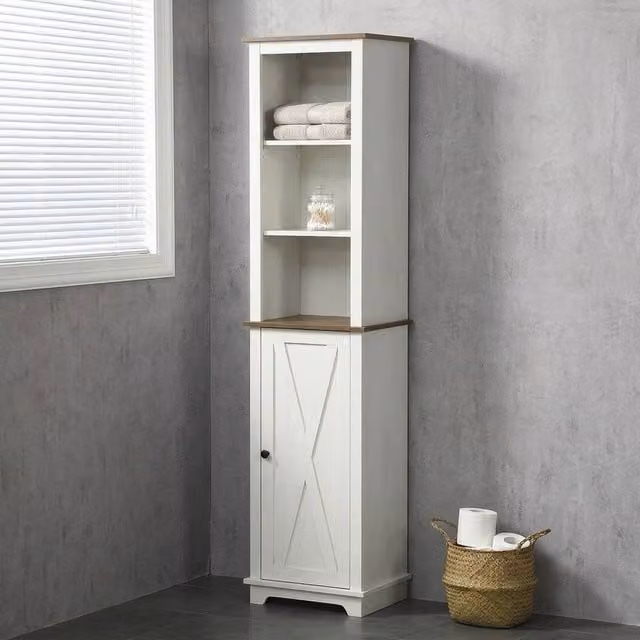 STILVORA Freestanding White Bathroom Cabinet with Internal Shelves and Hinged Doors – 1