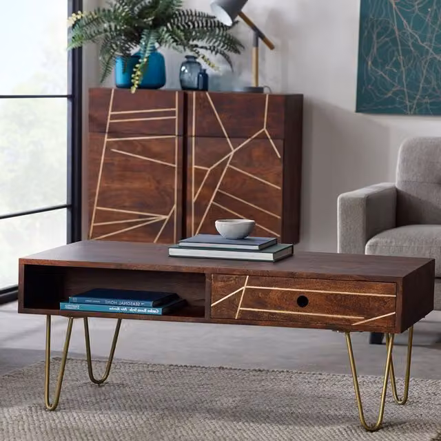 IH Design Modern Rectangular Mango Wood Coffee Table in Brown and Gold
