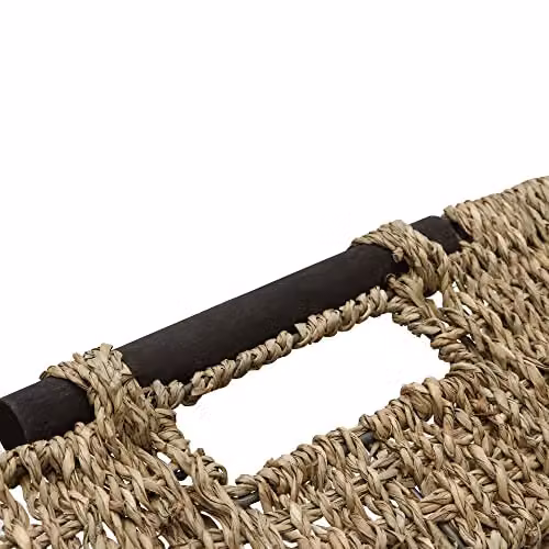 JVL Set of 3 Rectangular Seagrass Storage Baskets with Wooden Handles in Brown – 2