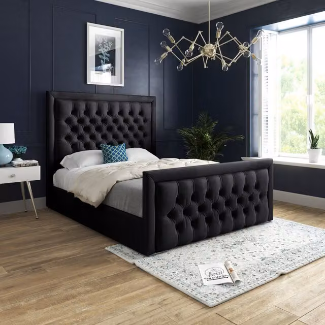 Napster Upholstered Velvet Bed Frame in Black, W/D/H: 140 x 200 cm