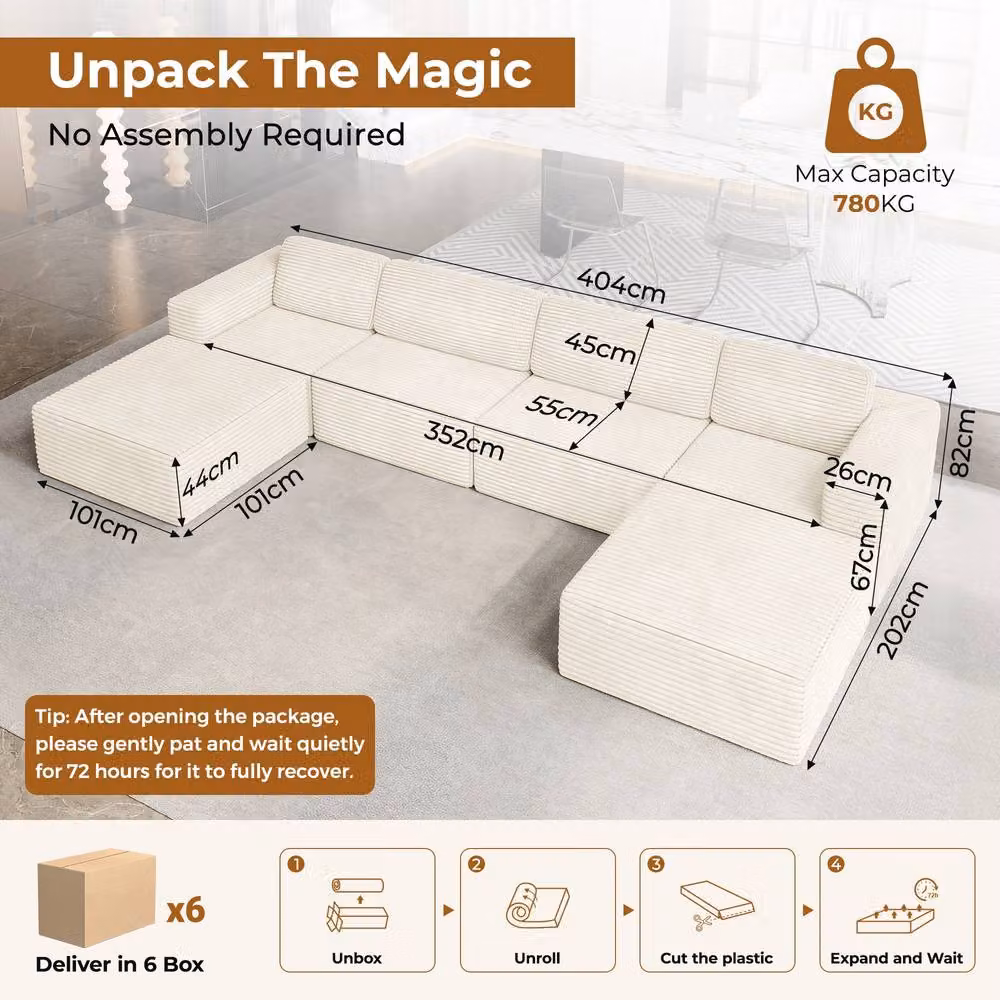 Dprodo Corduroy Modular U-Shape Sofa in Beige with Matching Ottoman – 2