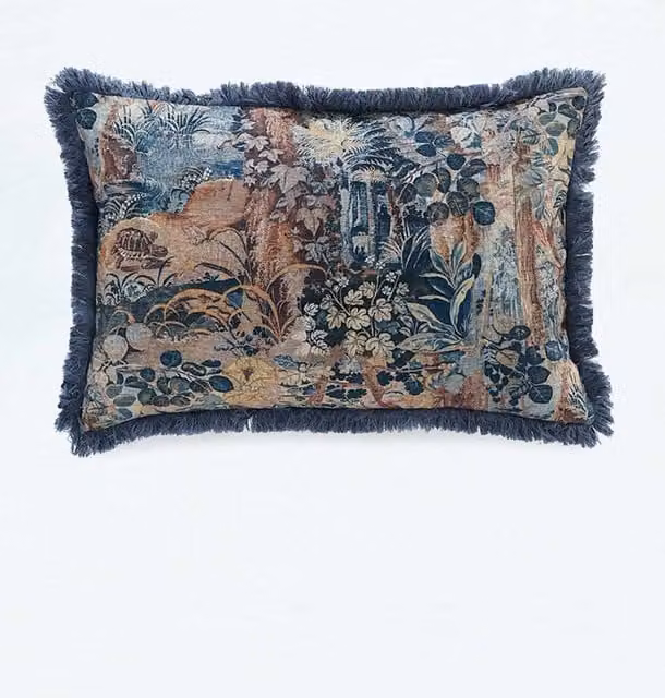 MM Linen Kashan Blue Mix Rectangular Cotton Bolster Cushion with Feather Filling