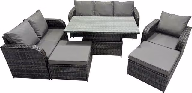 Fimous 8-Seater Grey Rattan Garden Patio Set with L-Shape Sofa, Armchairs, Height-Adjustable Lifting Coffee Table and Ottomans