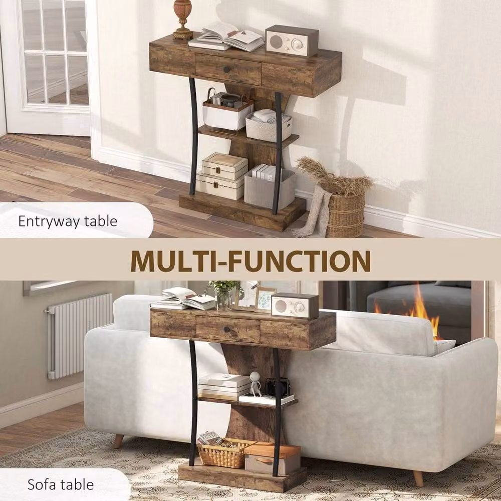 Kelvenix Industrial Console Table with Storage Shelves in Brown and Black – 4