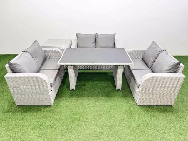 Fimous 6 Seater Modern Rattan Garden Furniture Set with Side Table in Light Grey