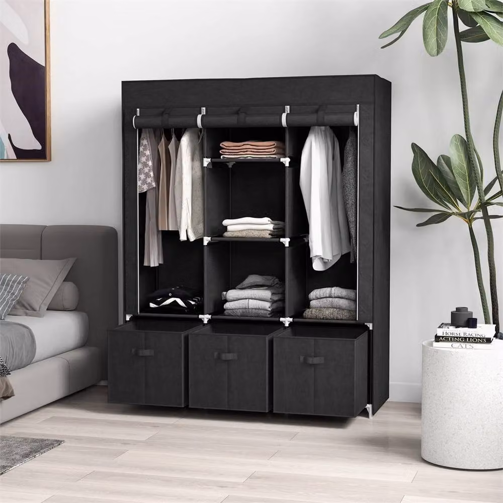 HOMCOM Portable Fabric Wardrobe in Black with Roll Shutter, Hanging Rod, Internal Shelves and Drawers, H 162.5 x W 125 x D 43 cm – 3