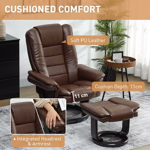 HOMCOM Swivel Manual Recliner Chair and Footstool Set in Brown PU Leather – 5