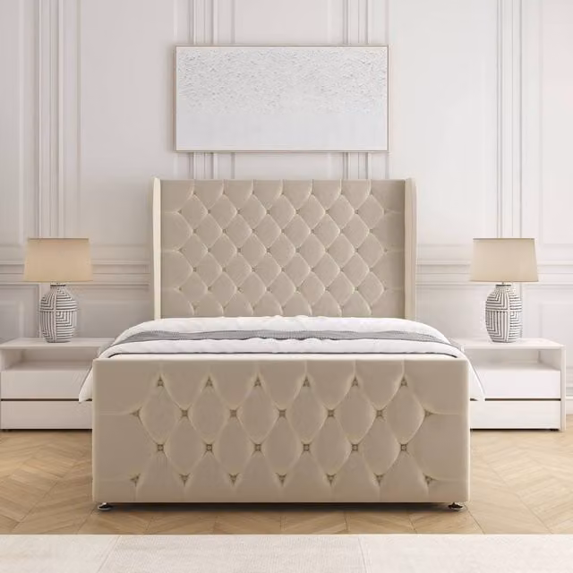 BSSPOKE Anna Single Plush Velvet Divan Bed with 54 inch Headboard and Mattress in Beige