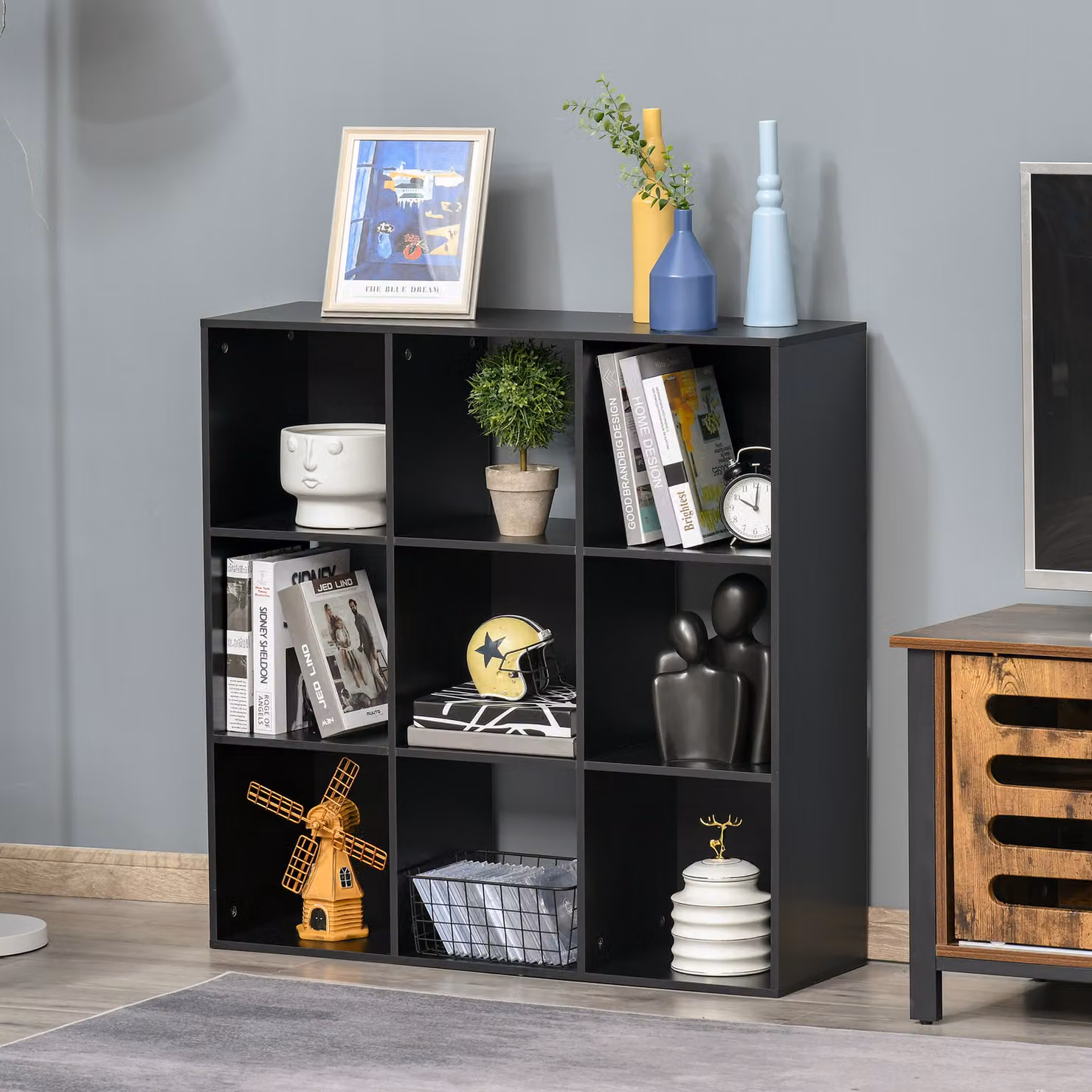 HOMCOM 3-Tier 9-Cube Storage Unit and Bookcase Organiser in Black MDF – 9