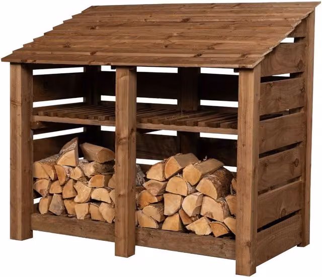 Arbor Garden Solutions Slatted Double Bay Wooden Log Store with Kindling Shelf, Brown, W: 146 cm, H: 126 cm, D: 88 cm