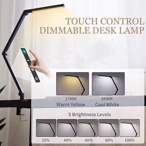 HOMCOM LED Desk Lamp with Dimmable Touch Control, Adjustable Swing Arm and Clip Clamp, Black – 2