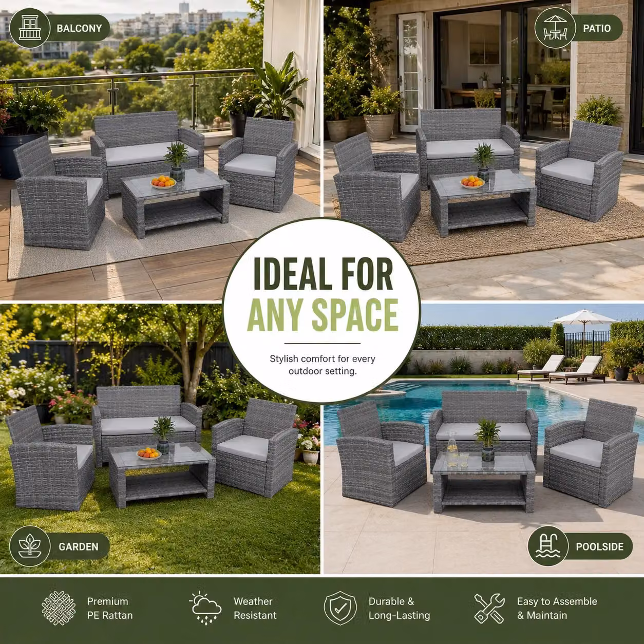 Shatchi 4 Seater Rattan Garden Furniture Set in Grey with 2 Armchairs, 2 Seater Sofa and Coffee Table – 5