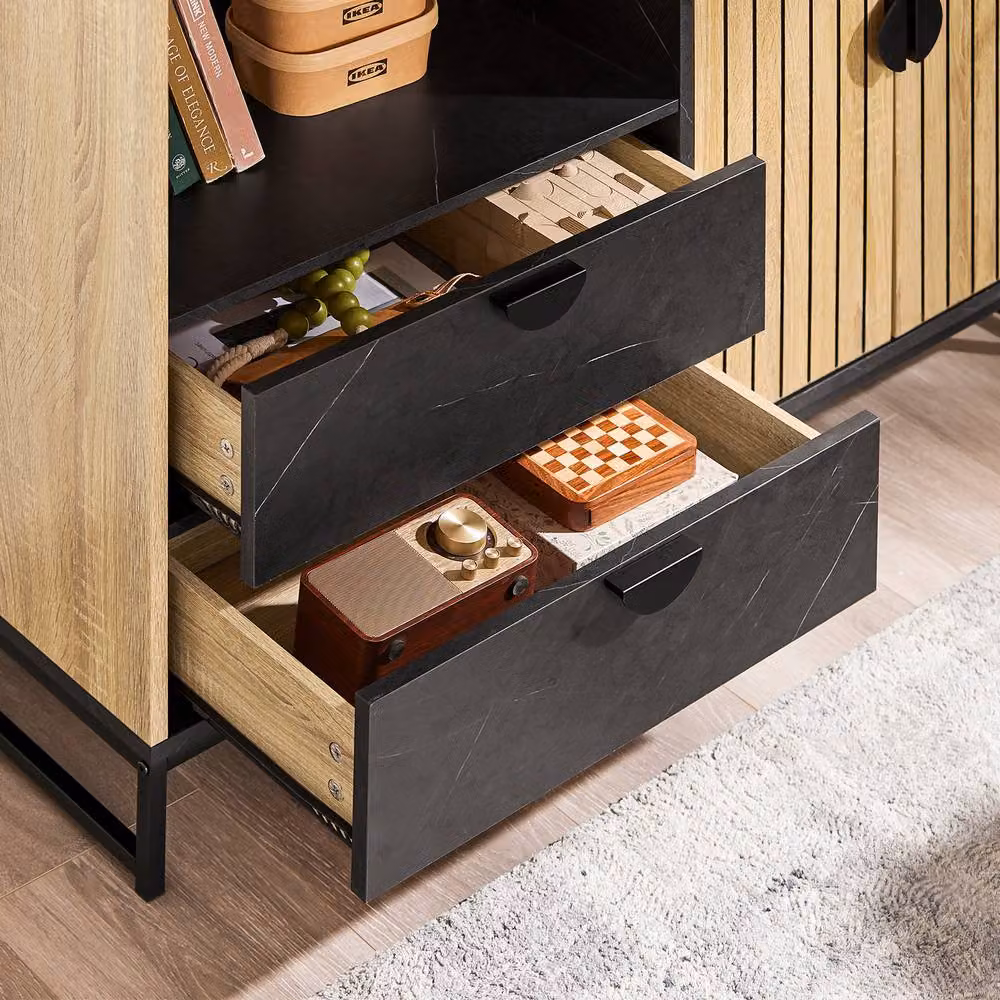 SoBuy Modern Space-Saver Kitchen Sideboard in Light Oak and Black with Soft-Close Drawers – 4