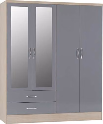 Seconique Nevada 4 Door 2 Drawer Wardrobe in Grey Gloss and Oak – 1