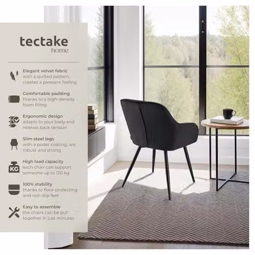 tectake Dining Chair with Quilted Velvet-Look Cover and Armrests in Black – 4