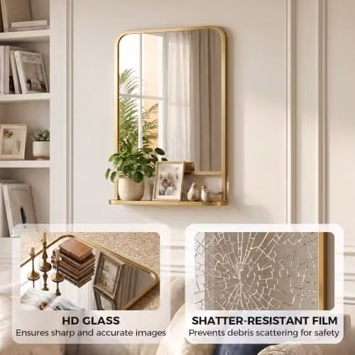 HOMCOM Modern Rectangular Wall Mirror with Storage Shelf, Gold, W: 70 cm, H: 50 cm – 2