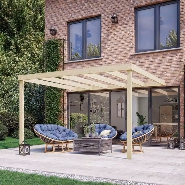 Rutland County Garden Furniture Ltd Wall Mounted Box Pergola in Green Wood and Galvanised Steel, W: 480 cm, D: 300 cm, H: 270 cm