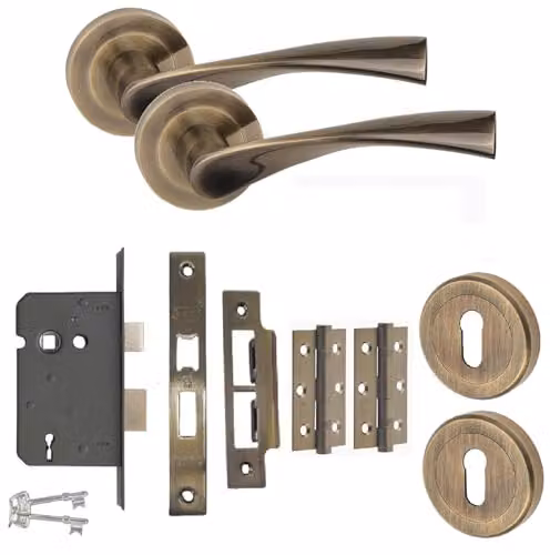 Golden Grace Astrid Key Lock Door Handle Set in Antique Brass – 1