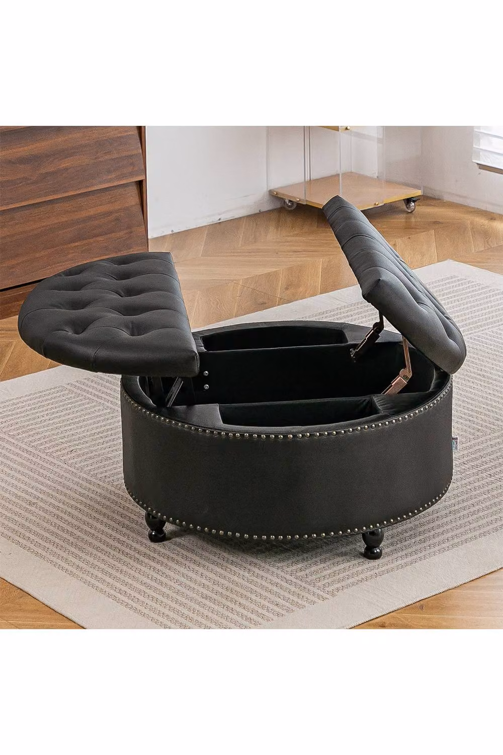 Living and Home Round PU Leather Upholstered Storage Ottoman in Black – 2