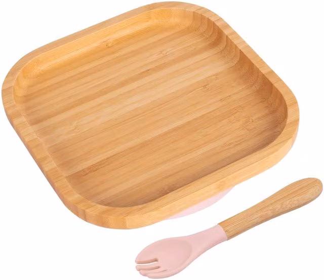 Tiny Dining Bamboo Square Baby Weaning Plate and Fork Set in Pink