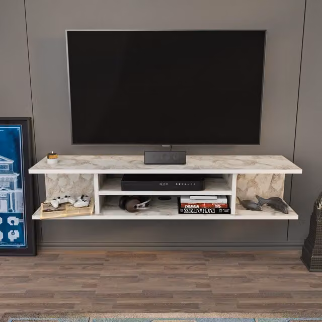 Decorotika Pivot Floating TV Unit in White and Grey Marble Effect