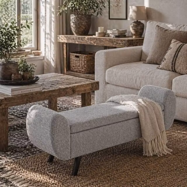 Wyld Haus Nesama Grey Linen Look Upholstered Storage Bench with Armrests