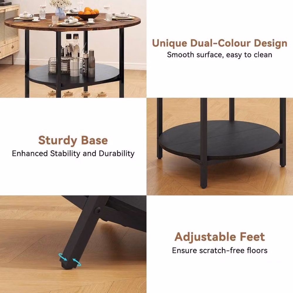 KORVIXA Modern Round Wood Dining Table with Storage in Brown and Black, Diameter: 100 cm – 2