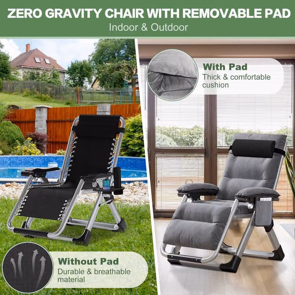 EONLION Grey Padded Zero Gravity Lounge Chair with Adjustable Headrest and Armrests – 3