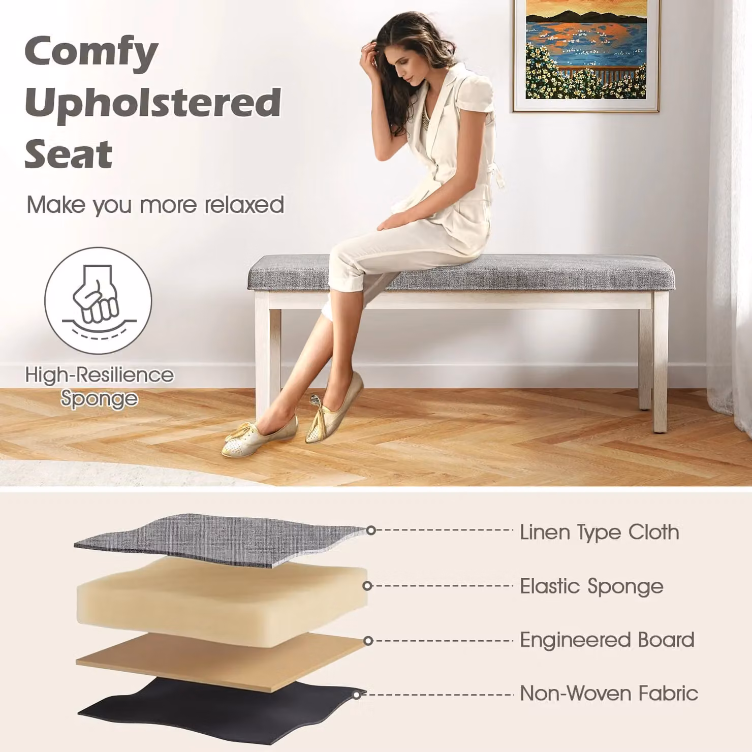 Gymax Modern Upholstered Grey Linen Dining and Shoe Bench with Rubberwood Frame – 4