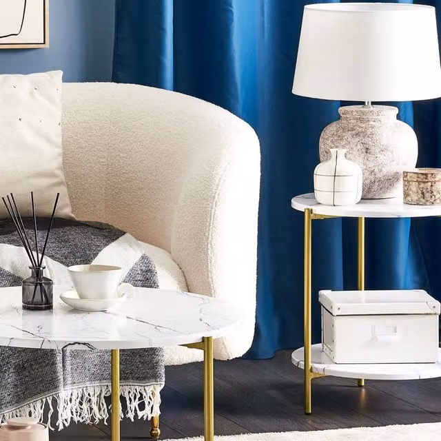 Wyld and Coco Glamour White Marble Effect and Gold Side Table, Diameter: 40 cm – 1