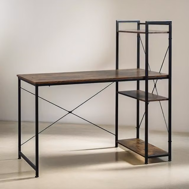 Pirlo Plush Industrial 4 Tier Computer Desk with Shelves, Rustic Brown, W: 121 cm, D: 64 cm, H: 64 cm