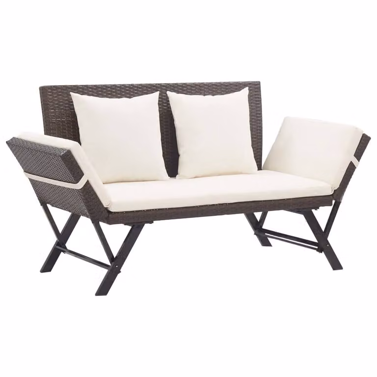 Berkfield Home Beautiful Garden Bench with Cushions, Brown Poly Rattan and Steel, W: 176 cm, D: 80 cm, H: 70 cm