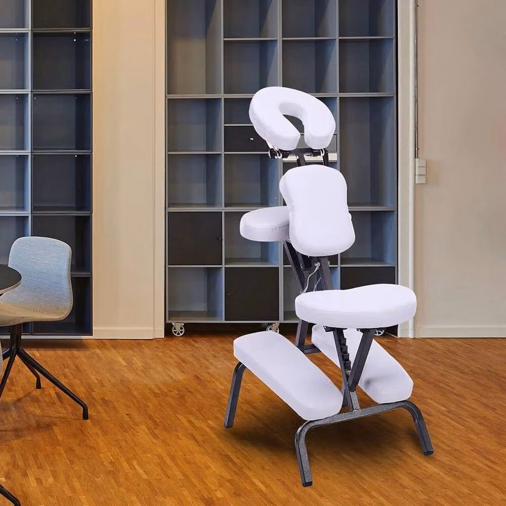 VOGREX Adjustable Foldable Beauty Massage Chair in White with Armrests and Synthetic Leather – 4