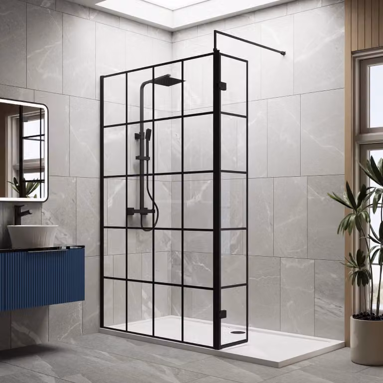 Balterley 8mm Glass Walk-In Wetroom Screen and Return with Tray, Black Framed, W: 1700 mm, D: 800 mm