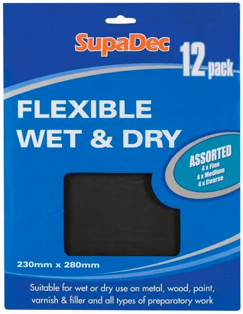 SupaDec Black Wet and Dry Hand Sandpaper for Metal, Wood and Paint, Pack of 12