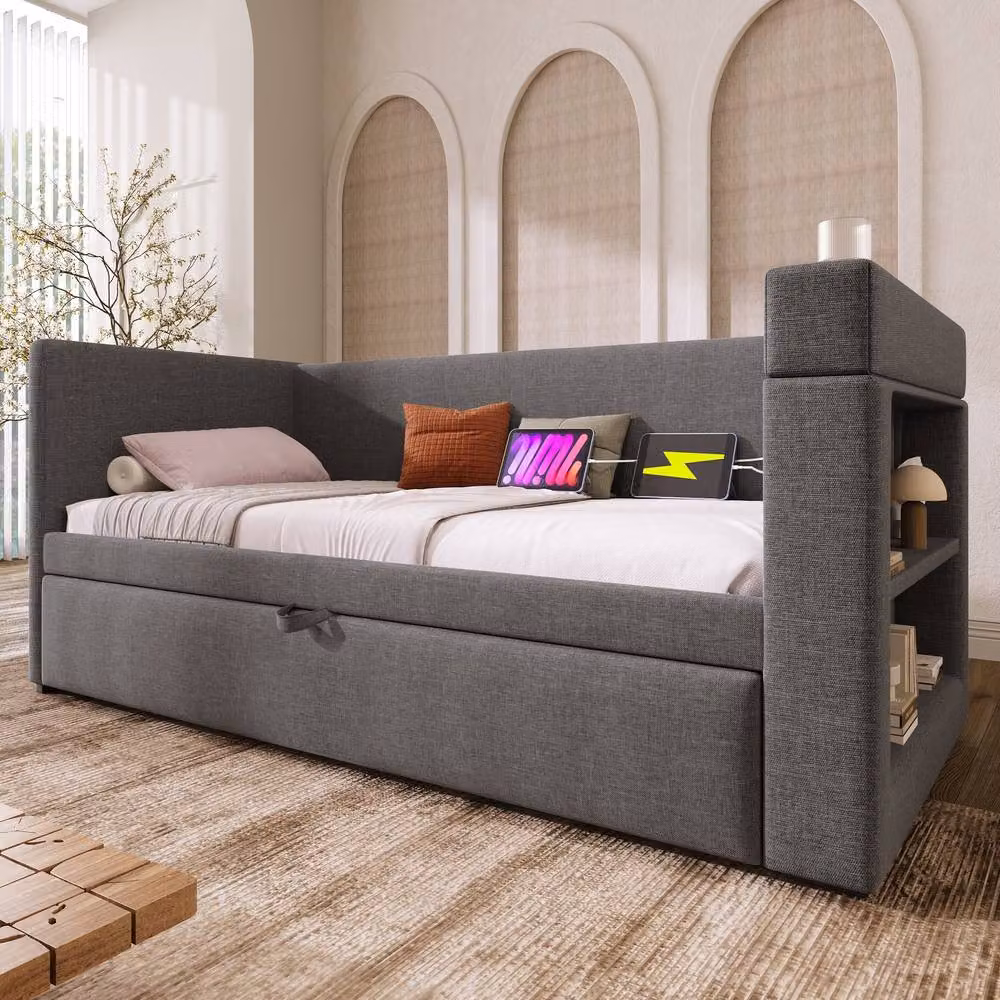 Rolipo Grey Upholstered Single Daybed with Trundle, USB Charging Ports and Side Compartments, W/D/H: 90 x 190 cm – 8