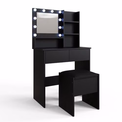 GFW Eva LED Dressing Table Set with LED Mirror and Cushioned Stool in Black – 3