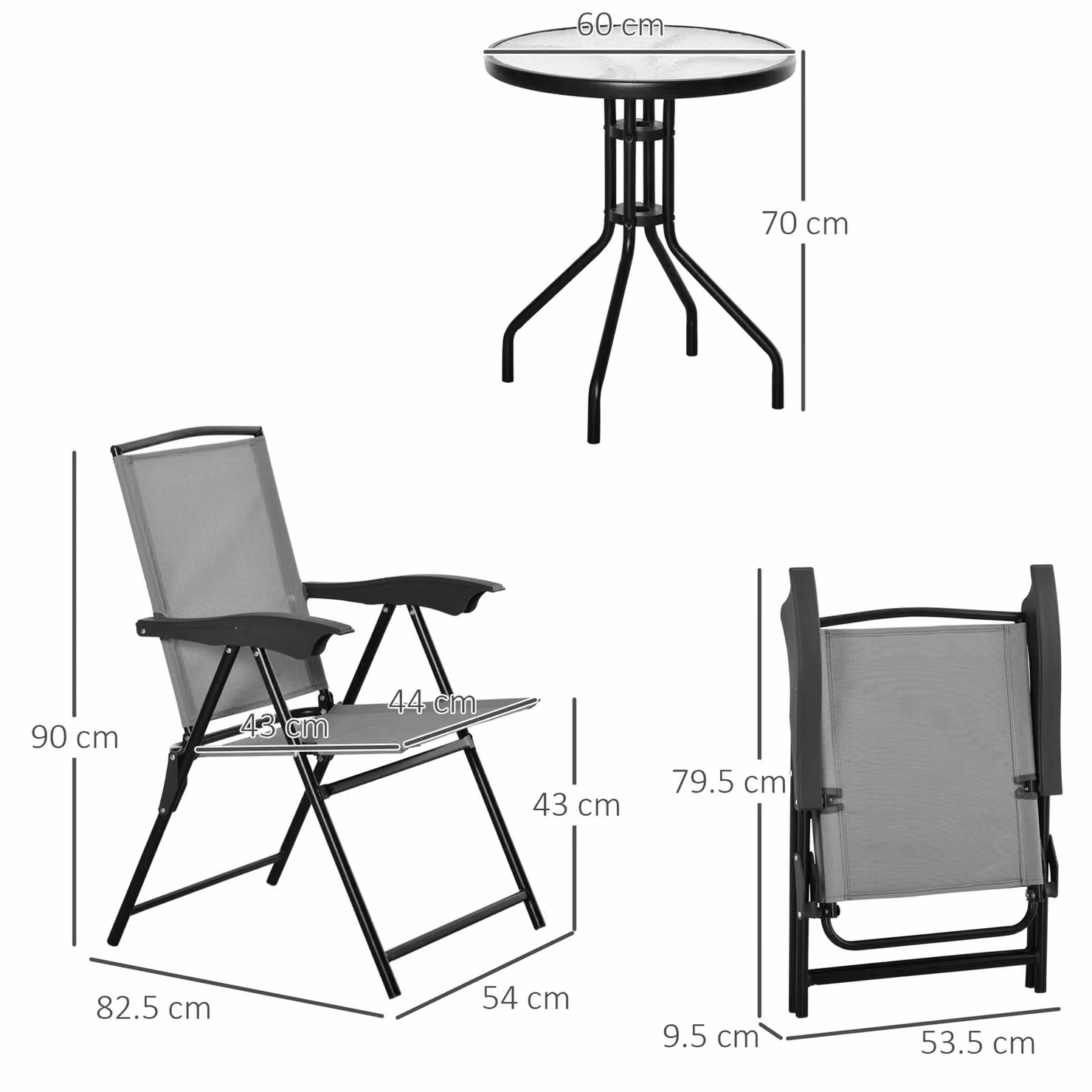 Outsunny 3 Piece Bistro Set with 2 Folding Chairs and Round Tempered Glass Table in Grey – 3