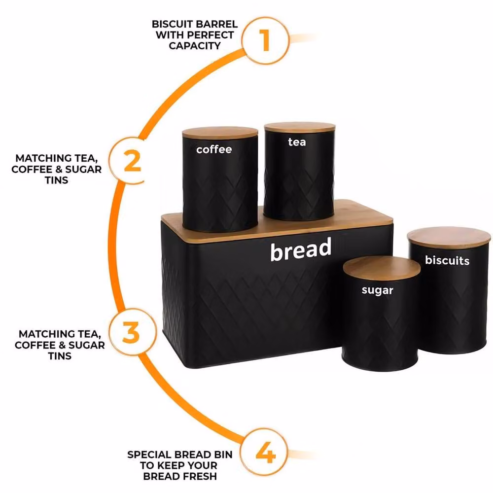 EONLION 5 Piece Black Bread Bin and Canister Set with Wood Accents – 2