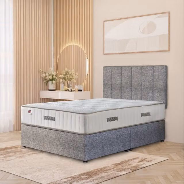 Somnior Beds Ltd Austin Hybrid Orthopaedic Divan Storage Bed with Drawers and 32 inch Headboard, Grey and Silver Fabric, W/D/H: 180 x 200 cm