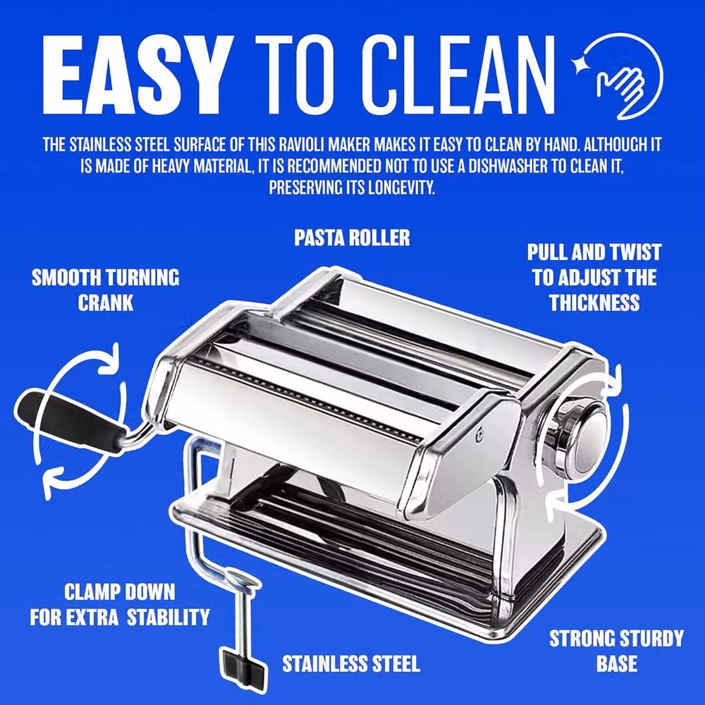 BARGAINS-GALORE Stainless Steel Pasta Maker Machine with Ravioli Cutter and 9 Thickness Settings in Silver – 3