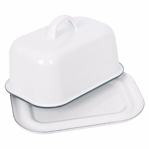 Argon Tableware White Enamel Butter Dish with Lid and Green Rim, W: 18.5 cm, D: 10 cm