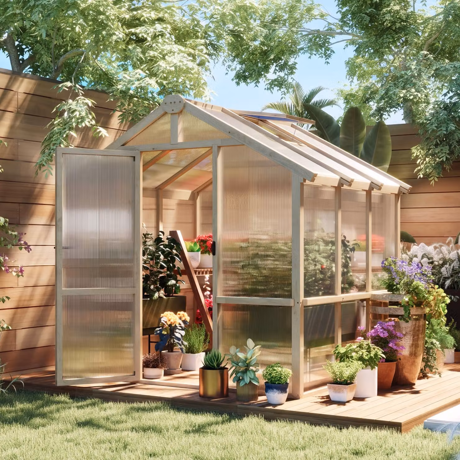 Outsunny Brown Wooden Walk-in Polycarbonate Greenhouse with Lockable Door and Window – 2